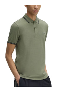 Fred Perry men’s olive green short-sleeved polo shirt with black trim and embroidered chest logo