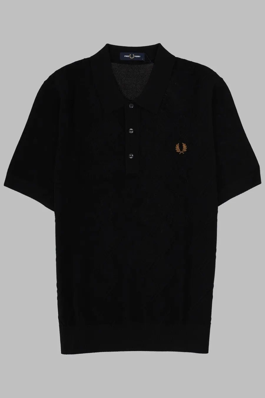 Fred Perry men’s black polo shirt with gold embroidered laurel wreath logo and silver buttons in maglia con fabric