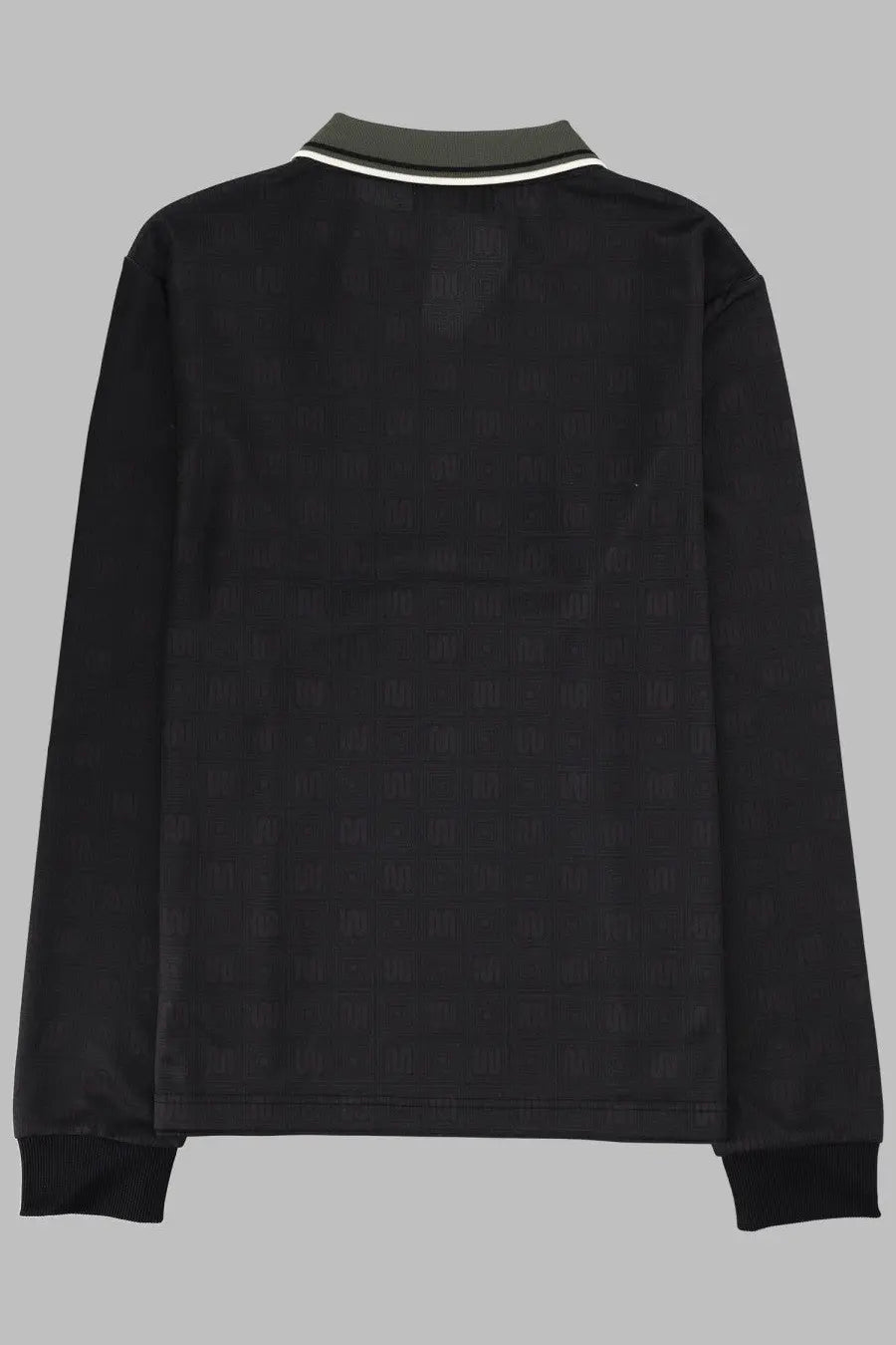 Fred Perry men’s black long-sleeved polo shirt with subtle pattern and dark green collar trim for casual wear