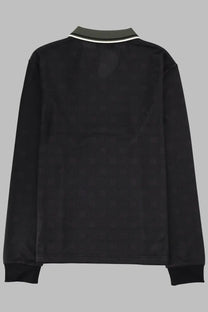Fred Perry men’s black long-sleeved polo shirt with subtle pattern and dark green collar trim for casual wear