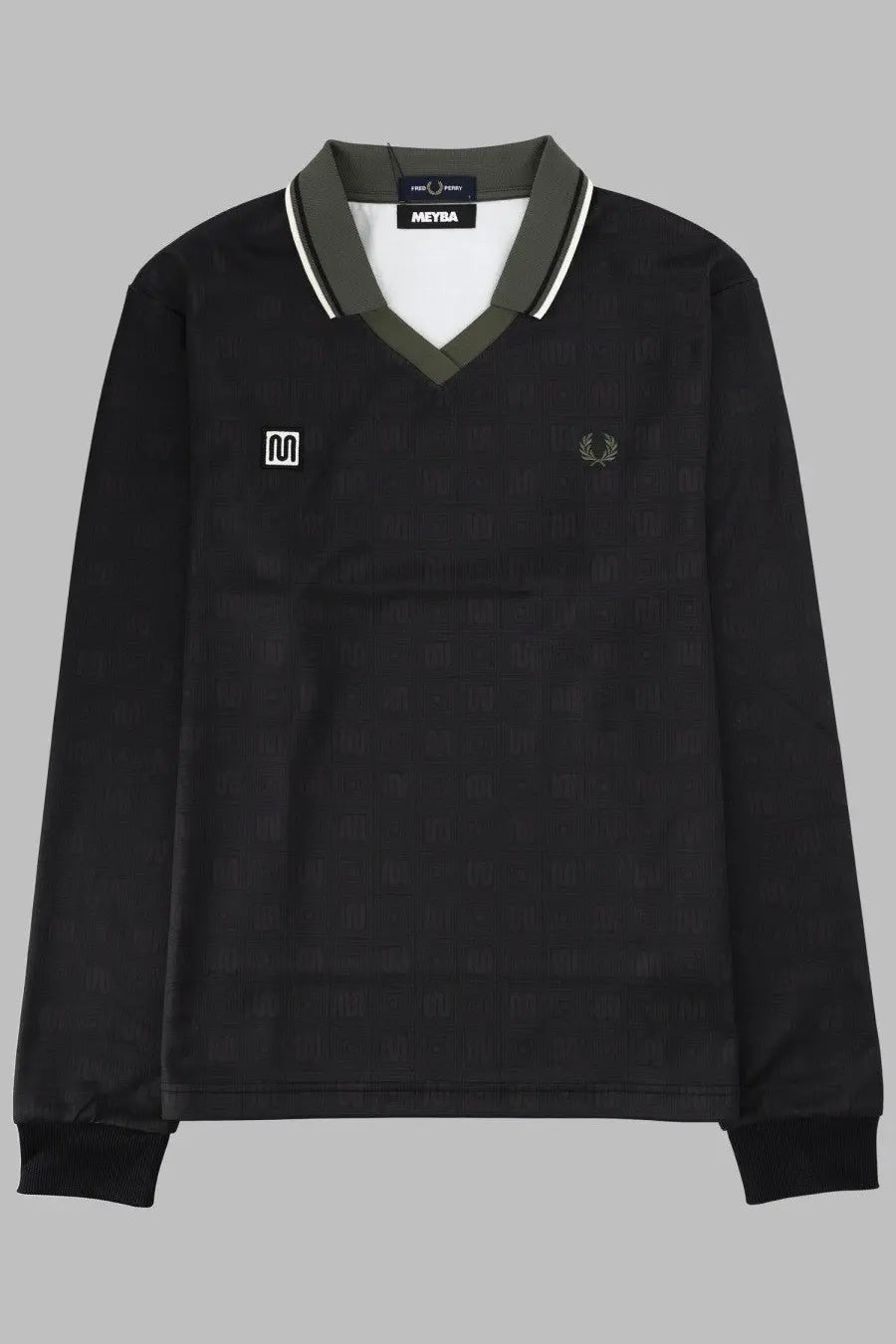 Fred perry men’s polo meyba con black long-sleeved v-neck shirt with olive green white trim and subtle pattern
