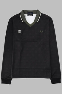 Fred perry men’s polo meyba con black long-sleeved v-neck shirt with olive green white trim and subtle pattern