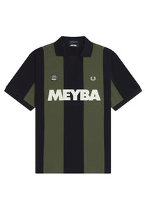 Fred Perry men’s polo Meyba with black and olive green vertical stripes and white Meyba logo on the chest
