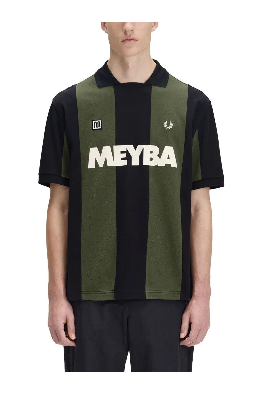 Fred Perry men’s polo Meyba multicolor with black and olive green vertical stripes and white Meyba lettering on chest