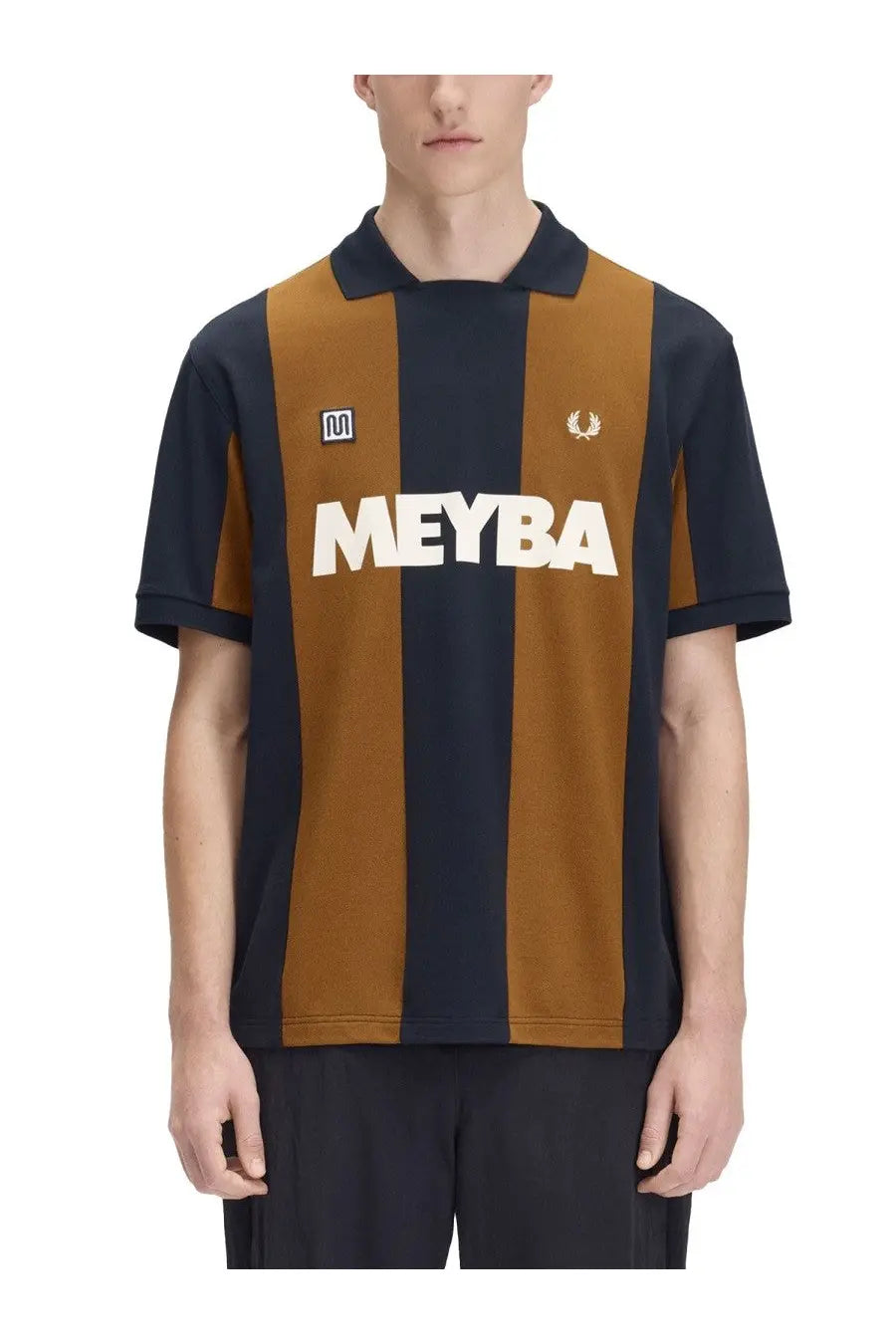 Fred perry men’s polo meyba con multicolor in navy and mustard vertical stripes with white logo and embroidered crest