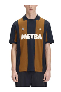 Fred perry men’s polo meyba con multicolor in navy and mustard vertical stripes with white logo and embroidered crest