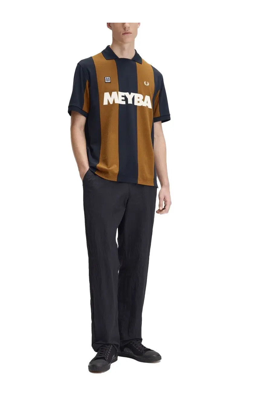 Fred Perry men’s polo meyba multicolor striped navy and mustard yellow short sleeve shirt with white logo and classic collar