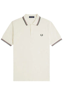 Fred Perry men’s cream polo shirt with black and white striped collar and sleeves and laurel wreath logo on chest