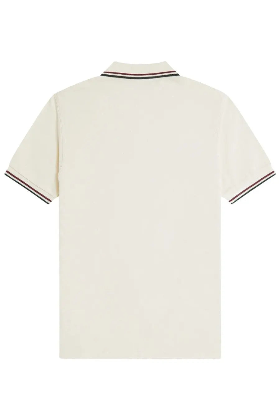 Fred Perry men’s white polo shirt with cream short sleeves and black white burgundy striped collar and cuffs