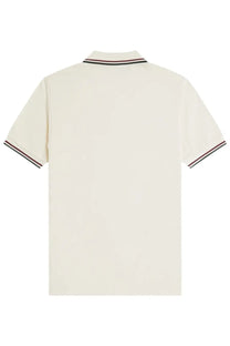 Fred Perry men’s white polo shirt with cream short sleeves and black white burgundy striped collar and cuffs