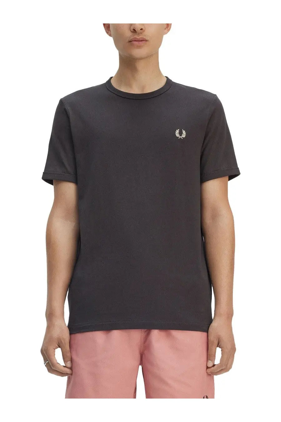 Fred perry men’s ringer shirt grey in dark gray cotton with white embroidered laurel wreath logo on left chest