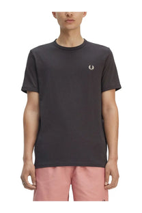 Fred perry men’s ringer shirt grey in dark gray cotton with white embroidered laurel wreath logo on left chest