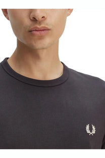 Dark gray Fred Perry men’s ringer crewneck t-shirt with small white embroidered laurel wreath logo on left chest