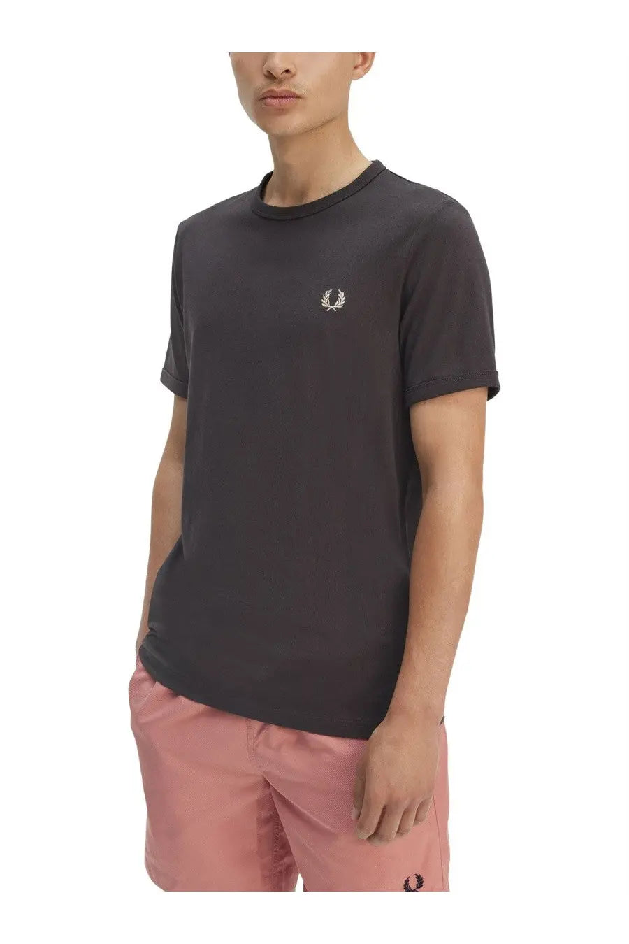 Fred Perry men’s ringer shirt grey dark gray cotton t-shirt with small white embroidered laurel wreath logo on chest