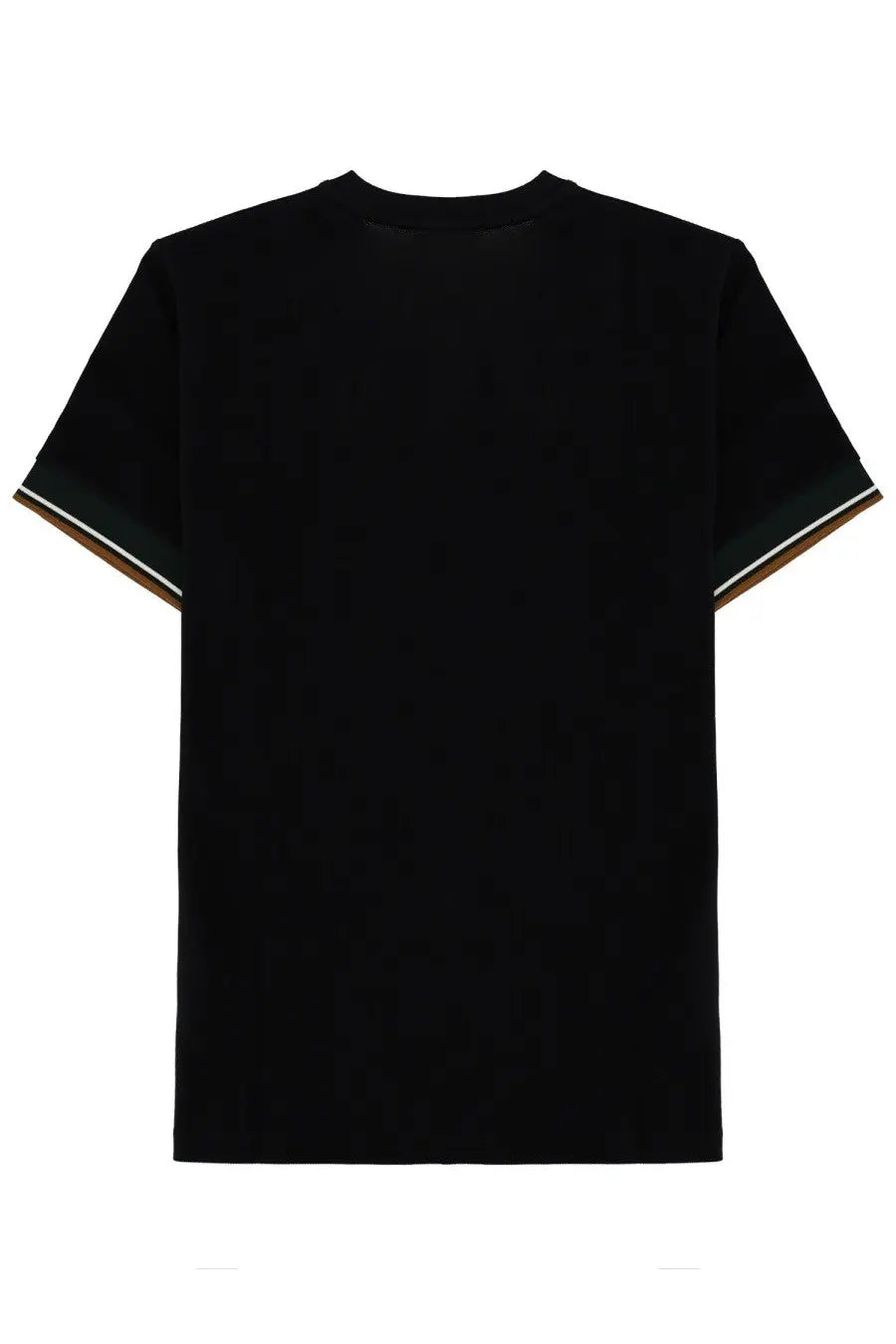 Fred Perry men’s black short-sleeved t-shirt with green white and brown striped cuff details