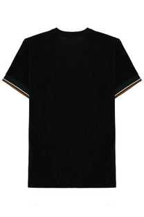Fred Perry men’s black short-sleeved t-shirt with green white and brown striped cuff details