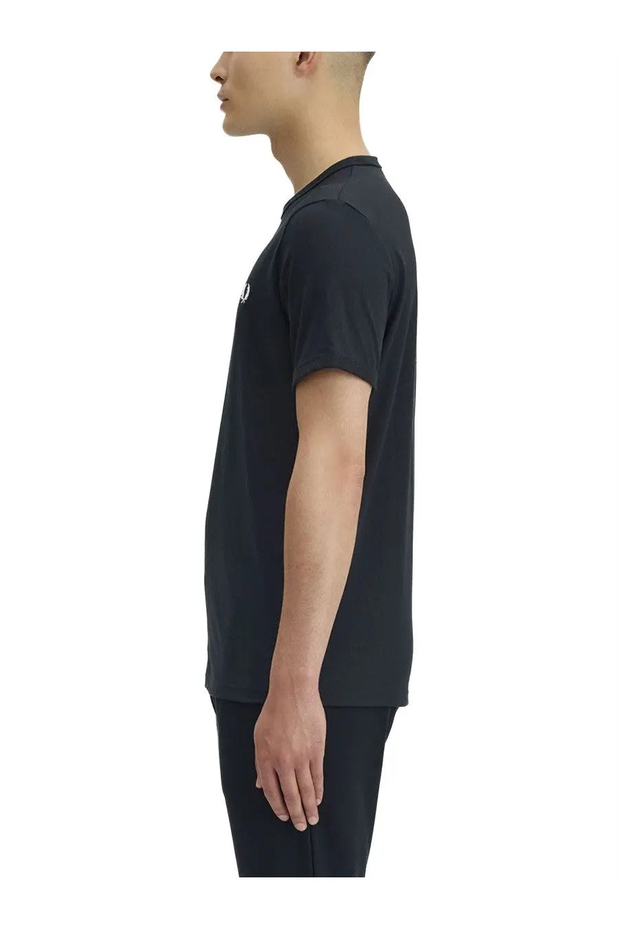 Fred Perry men’s black short-sleeved t-shirt with a small white logo on the left chest, casual cotton shirt