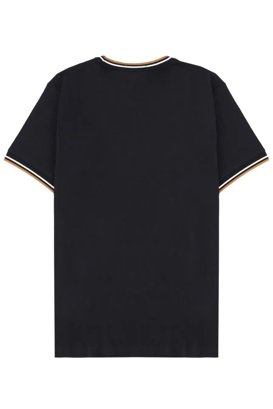 Fred Perry men’s black short-sleeved t-shirt with white and tan trim on neckline sleeves and hem