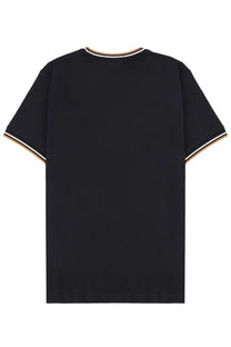 Fred Perry men’s black short-sleeved t-shirt with white and tan trim on neckline sleeves and hem