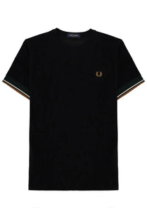 Fred Perry men’s black t-shirt with gold embroidered laurel wreath logo and green white brown striped sleeve cuffs