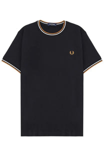 Fred Perry men’s black t-shirt with gold and white trim and embroidered laurel wreath logo on the chest