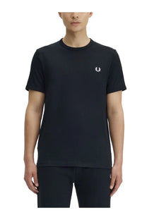 Black Fred Perry men’s t-shirt with white embroidered laurel wreath logo on the left chest in cotton material