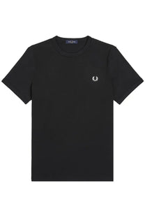 Black fred perry men’s t-shirt featuring a white embroidered laurel wreath logo on the left chest