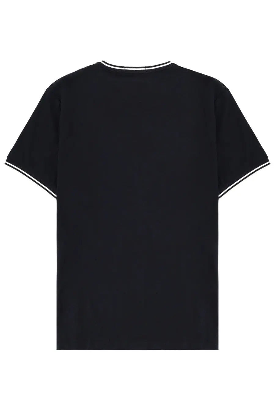 Fred Perry men’s black short-sleeved cotton t-shirt with white trim on neckline and sleeve hems front view