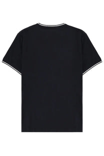 Fred Perry men’s black short-sleeved cotton t-shirt with white trim on neckline and sleeve hems front view