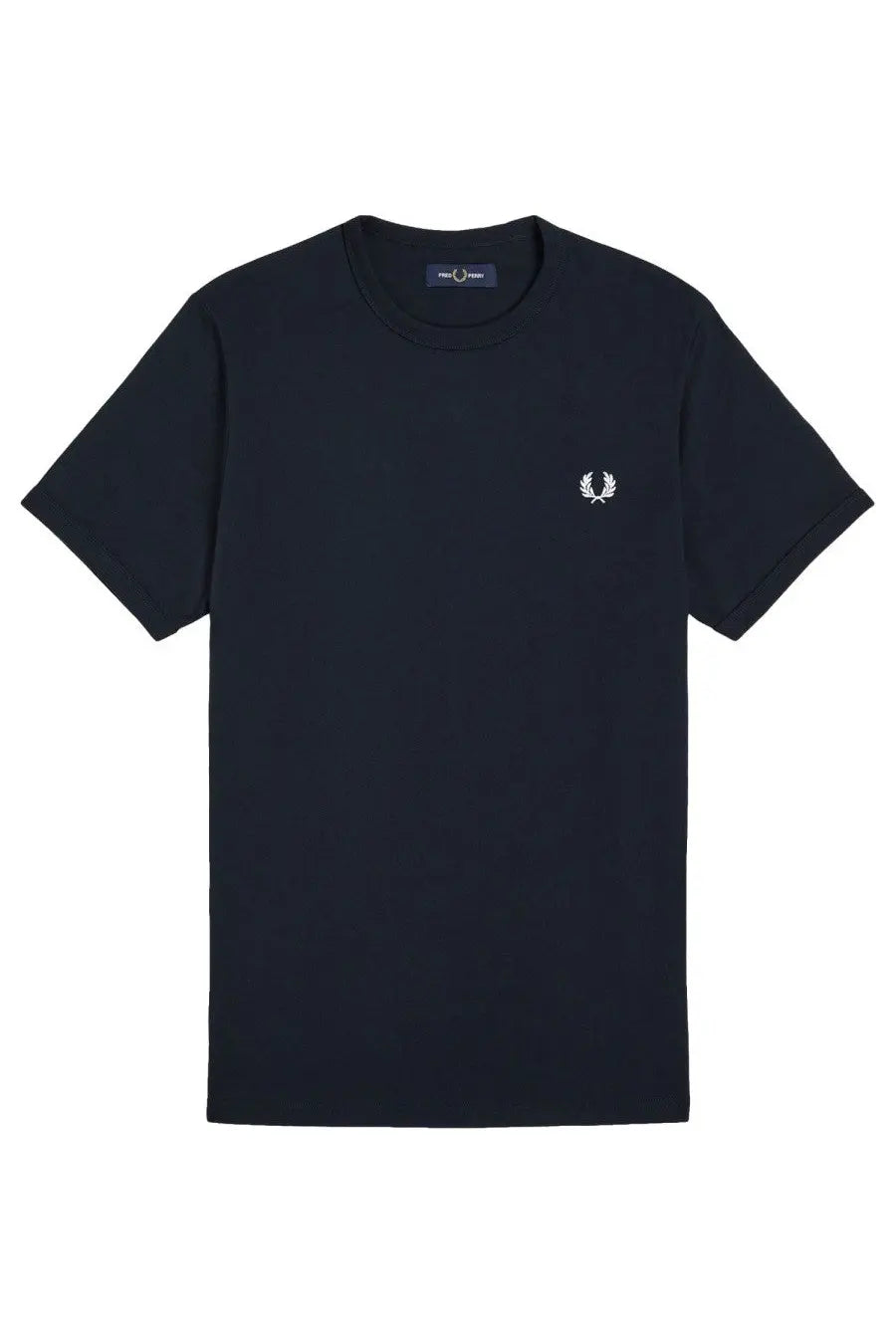 Black Fred Perry men’s t-shirt with white embroidered laurel wreath logo on the left chest in cotton material
