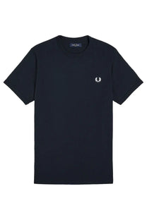 Black Fred Perry men’s t-shirt with white embroidered laurel wreath logo on the left chest in cotton material