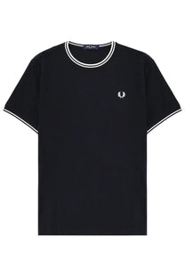 Fred Perry men shirt blue black T-shirt with white trim and embroidered laurel wreath logo on chest