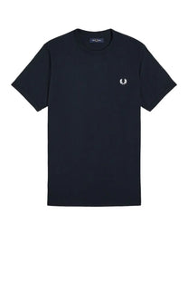 Black fred perry t-shirt with white embroidered laurel wreath logo on left chest in a fred perry men’s shirt blue product