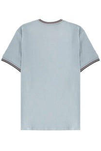 Fred Perry men’s light blue cotton t-shirt with ribbed crew neck and striped short sleeves
