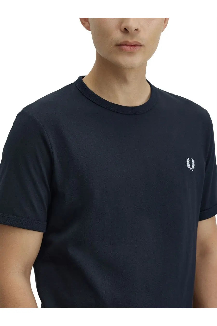 Navy blue cotton fred perry men’s t-shirt with small white embroidered laurel wreath logo on left chest