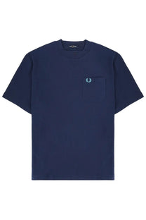 Navy blue fred perry men’s short-sleeved cotton t-shirt with chest pocket and embroidered laurel wreath logo
