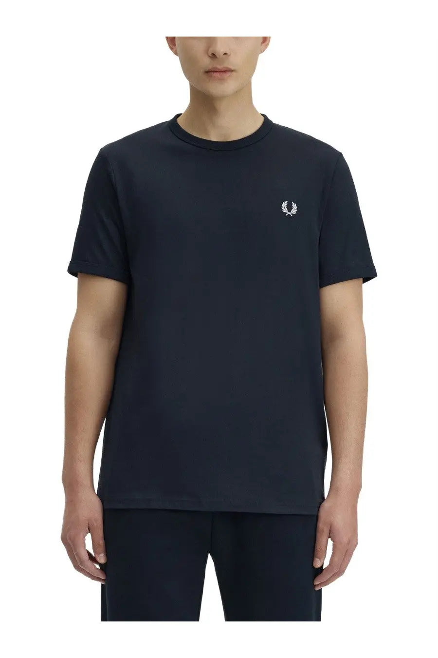Navy blue fred perry men’s t-shirt with white embroidered laurel wreath logo on left chest, casual cotton shirt