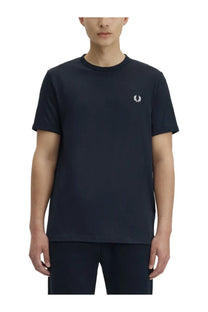 Navy blue fred perry men’s t-shirt with white embroidered laurel wreath logo on left chest, casual cotton shirt