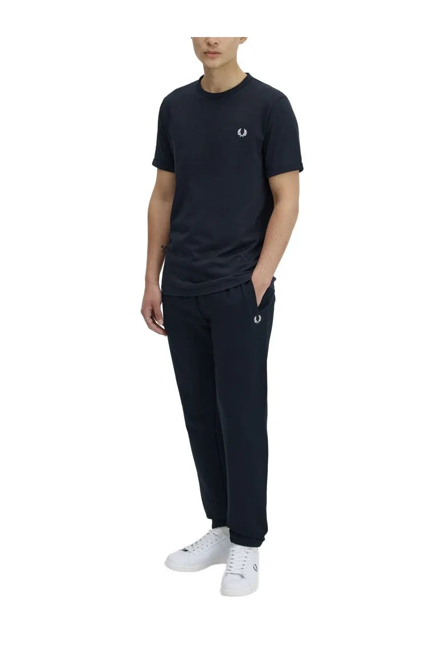 Navy blue Fred Perry men’s t-shirt with white embroidered logo on the chest made from soft cotton fabric