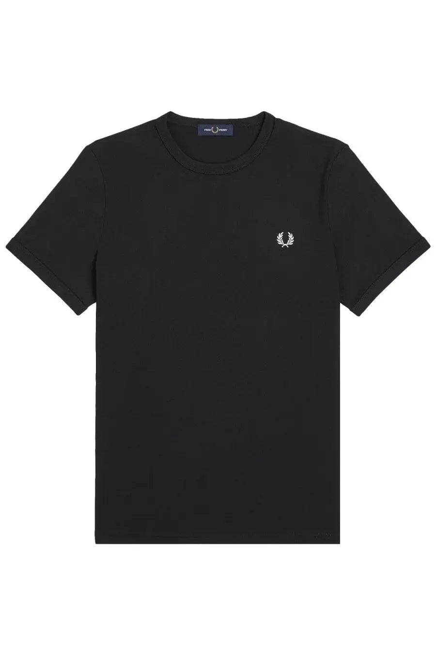 Fred Perry men’s black short-sleeved t-shirt with white embroidered laurel wreath logo on left chest