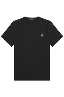 Fred Perry men’s black short-sleeved t-shirt with white embroidered laurel wreath logo on left chest