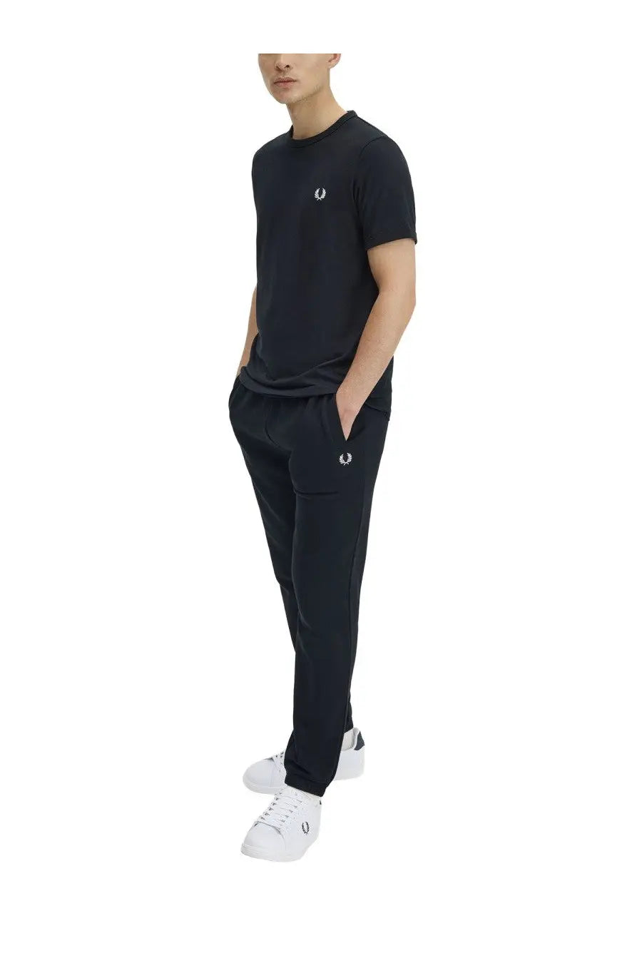 Black fred perry men’s t-shirt with white embroidered logo on chest in breathable cotton fabric