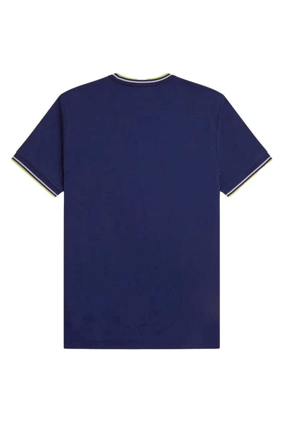 Navy blue Fred Perry men’s short-sleeved shirt with white and light green trim on collar and sleeve cuffs