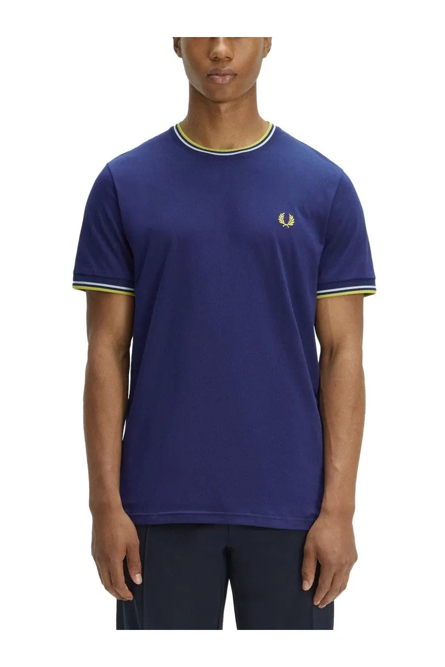 Navy blue fred perry men’s t-shirt with yellow and white trim and embroidered laurel wreath logo on collar and sleeves
