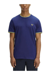 Navy blue fred perry men’s t-shirt with yellow and white trim and embroidered laurel wreath logo on collar and sleeves