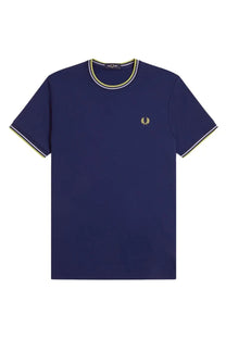 Navy blue fred perry men’s shirt with gold laurel wreath logo and white light green trim on neckline and cuffs