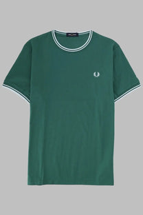 Fred Perry men’s dark green short-sleeved shirt with white trim and embroidered laurel wreath logo on chest