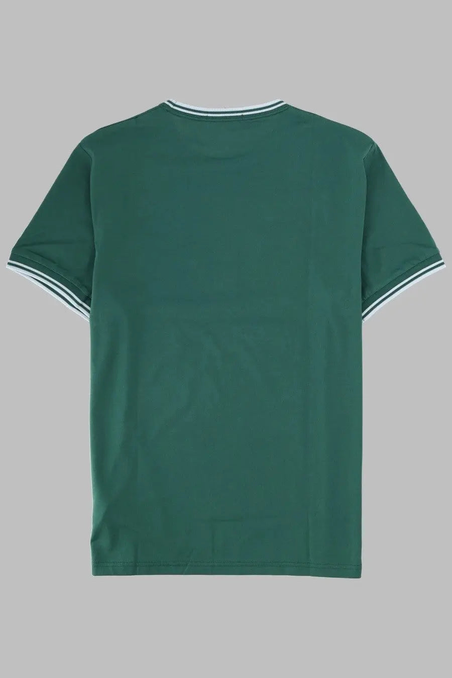 Fred Perry men’s dark green short-sleeved t-shirt with white and black striped collar and sleeve cuff trim