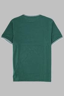 Fred Perry men’s dark green short-sleeved t-shirt with white and black striped collar and sleeve cuff trim