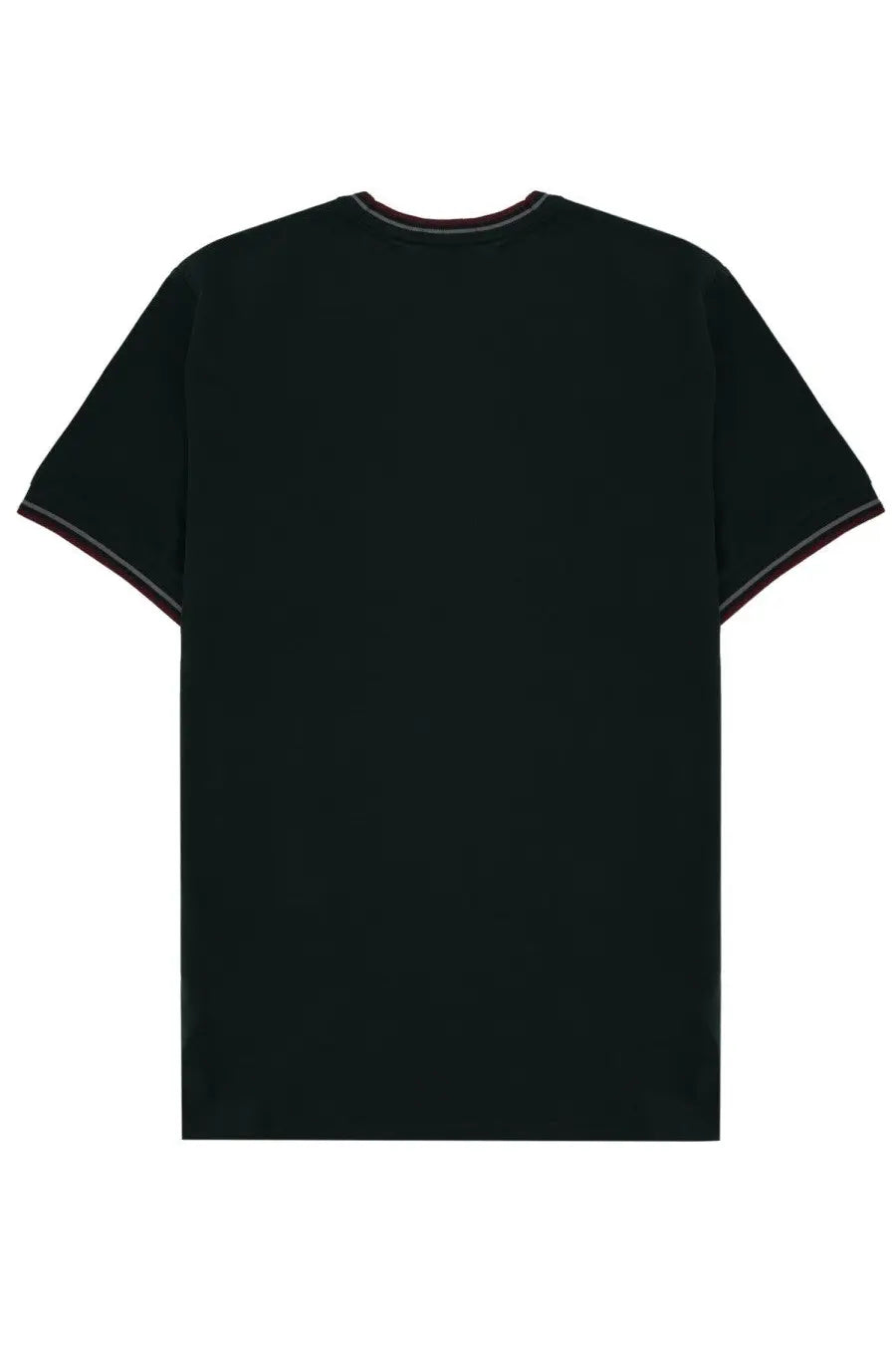 Fred Perry men’s black short-sleeved shirt with dark red trim on neckline and sleeve hems in green collection